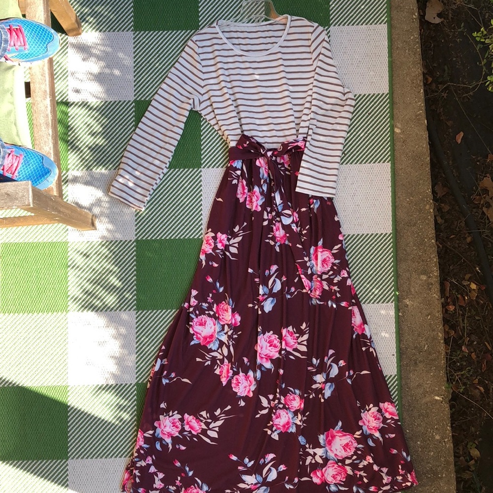 Petite brown stripe and burgundy flower material